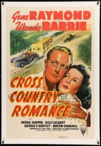 1t059 CROSS COUNTRY ROMANCE linen 1sh '40 art of Gene Raymond, Wendy Barrie & car hauling caravan!