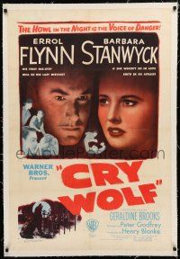 1t061 CRY WOLF linen 1sh '47 great close image of Errol Flynn & Barbara Stanwyck!