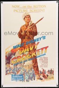 1t069 DAVY CROCKETT, KING OF THE WILD FRONTIER linen 1sh '55 Disney, classic art of Fess Parker!