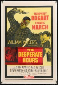 1t071 DESPERATE HOURS linen 1sh '55 Humphrey Bogart attacks Fredric March from behind, William Wyler