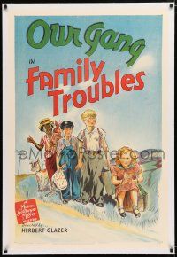 1t086 FAMILY TROUBLES linen 1sh '42 Our Gang stone litho of Robert Blake, Froggy, Buckwheat & more!