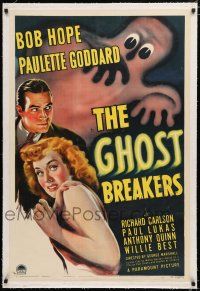 1t109 GHOST BREAKERS linen 1sh '40 great art of Bob Hope, Paulette Goddard & wacky spooky ghost!