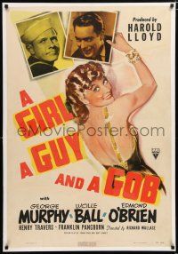 1t111 GIRL, A GUY, & A GOB linen 1sh '41 art of sexy Lucy Ball with George Murphy & Edmond O'Brien!