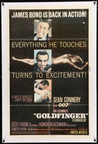 1t114 GOLDFINGER linen 1sh '64 3 great images of Sean Connery as James Bond + golden Shirley Eaton!