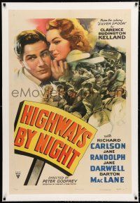 1t128 HIGHWAYS BY NIGHT linen 1sh '42 art of Richard Carlson, Jane Randolph & men brawling!