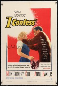 1t138 I CONFESS linen 1sh '53 Alfred Hitchcock, art of Montgomery Clift grabbing Anne Baxter!