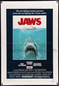 1t143 JAWS linen 1sh '75 Kastel art of Spielberg's classic man-eating shark attacking swimmer!