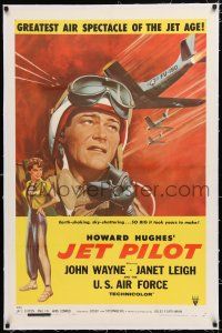 1t144 JET PILOT linen 1sh '57 great artwork of John Wayne, jet-hot thrills, Howard Hughes!