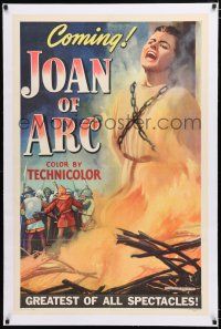 1t145 JOAN OF ARC linen style C teaser 1sh '48 art of Ingrid Bergman being burned at stake!