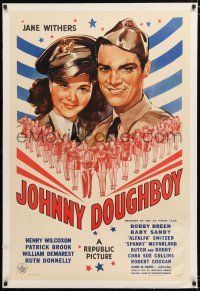 1t148 JOHNNY DOUGHBOY linen 1sh '42 patriotic art of Wilcoxon & pretty Jane Withers in uniform!