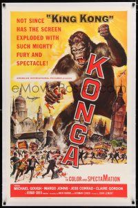 1t160 KONGA linen 1sh '61 great artwork of giant angry ape terrorizing city by Reynold Brown!