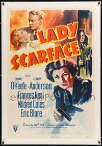 1t162 LADY SCARFACE linen 1sh '41 great close up art of master criminal Judith Anderson with gun!