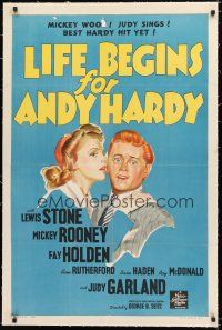 1t169 LIFE BEGINS FOR ANDY HARDY linen style D 1sh '41 stone litho of Mickey Rooney & Judy Garland!
