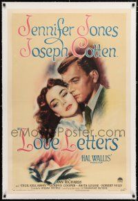 1t175 LOVE LETTERS linen 1sh '45 romantic c/u art of Joseph Cotten & Jennifer Jones, by Ayn Rand!