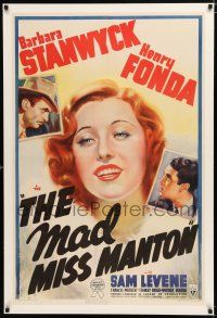 1t178 MAD MISS MANTON linen 1sh '38 Fonda, Barbara Stanwyck & society friends try to solve a murder!