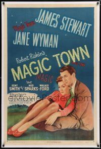 1t180 MAGIC TOWN linen 1sh '47 romantic close up of pollster James Stewart & pretty Jane Wyman!
