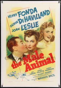 1t181 MALE ANIMAL linen 1sh '42 art of Henry Fonda with pretty Olivia de Havilland & Joan Leslie!
