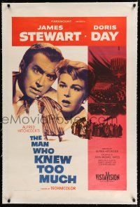 1t183 MAN WHO KNEW TOO MUCH linen 1sh '56 James Stewart & Doris Day, directed by Alfred Hitchcock!