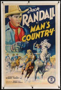 1t184 MAN'S COUNTRY linen 1sh '38 cool stone litho of cowboy Jack Randall with gun & on horse!