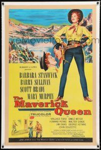 1t186 MAVERICK QUEEN linen 1sh '56 full-length art of Barbara Stanwyck, from Zane Grey's novel!