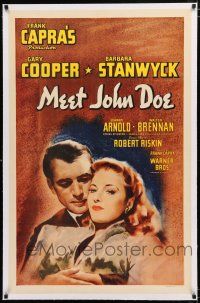 1t188 MEET JOHN DOE linen 1sh R40s art of Gary Cooper & Barbara Stanwyck, directed by Frank Capra!
