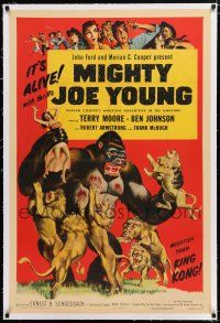 1t195 MIGHTY JOE YOUNG linen 1sh R53 1st Ray Harryhausen, cool art of ape rescuing girl from lions!