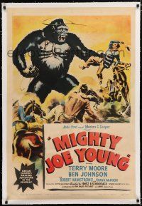 1t194 MIGHTY JOE YOUNG linen 1sh '49 first Ray Harryhausen, Widhoff art of cowboys vs giant ape!