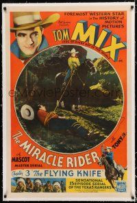 1t197 MIRACLE RIDER linen chapter 3 1sh '35 Tom Mix riding Tony has a man tied up with his lasso!