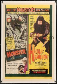1t201 MONSTER FROM GREEN HELL/HALF HUMAN linen 1sh '57 twin terrors in 1 towering thrill show!