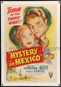 1t207 MYSTERY IN MEXICO linen 1sh '48 William Lundigan, Jacqueline White, terror in the tropic night