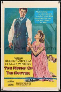 1t216 NIGHT OF THE HUNTER linen 1sh '55 classic Robert Mitchum showing his love & hate hands!