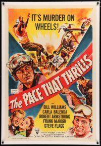 1t227 PACE THAT THRILLS linen 1sh '52 cool motorcycle racing art, it's murder on wheels!
