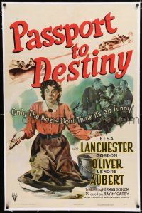 1t233 PASSPORT TO DESTINY linen 1sh '44 artwork of wacky Elsa Lanchester vs Nazis in World War II!