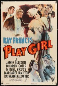 1t238 PLAY GIRL linen 1sh '41 art of sexy gold-digger Kay Francis in fur surrounded by suitors!