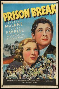 1t243 PRISON BREAK linen 1sh '38 artwork of Barton MacLane & Glenda Farrell above prison riot!