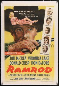 1t254 RAMROD linen 1sh '47 close up of Joel McCrea with smoking gun, sexy full-length Veronica Lake!