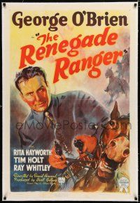 1t259 RENEGADE RANGER linen 1sh '38 cool artwork of George O'Brien firing guns on horseback!