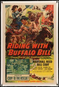 1t262 RIDING WITH BUFFALO BILL linen chapter 4 1sh '54 Cody to the Rescue, cool Cravath serial art!