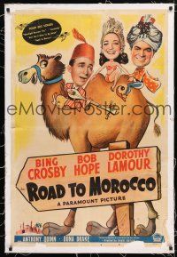 1t264 ROAD TO MOROCCO linen 1sh '42 wacky art of Bob Hope, Bing Crosby & Dorothy Lamour on camel!