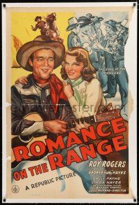 1t267 ROMANCE ON THE RANGE linen 1sh '42 art of singing cowboy Roy Rogers & pretty Sally Payne!