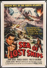 1t272 SEA OF LOST SHIPS linen 1sh '53 John Derek adventures to frozen Hell of the North Atlantic!
