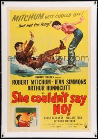 1t276 SHE COULDN'T SAY NO linen 1sh '54 sexy short-haired Jean Simmons, Dr. Robert Mitchum!