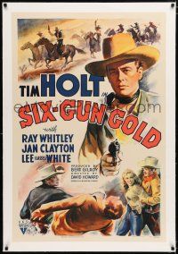 1t287 SIX-GUN GOLD linen 1sh '41 cool art of cowboy Tim Holt pointing gun & fighting bad guys!