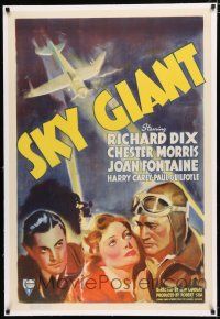 1t288 SKY GIANT linen 1sh '38 art of Joan Fontaine w/ airplane pilots Richard Dix & Chester Morris!