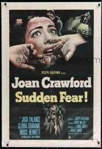 1t309 SUDDEN FEAR linen 1sh '52 extreme close-up of terrified Joan Crawford, film noir!