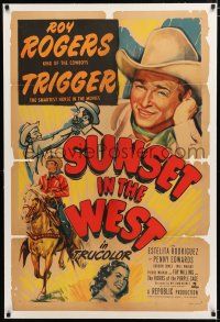 1t310 SUNSET IN THE WEST linen 1sh '50 great artwork of Roy Rogers King of the Cowboys & Trigger!