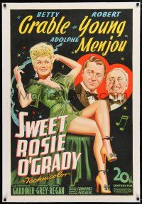 1t313 SWEET ROSIE O'GRADY linen 1sh '43 stone litho of sexy Betty Grable, Robert Young & Menjou!
