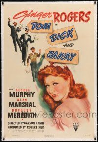 1t325 TOM, DICK & HARRY linen 1sh '41 c/u art of pretty Ginger Rogers, Murphy, Marshal & Meredith!