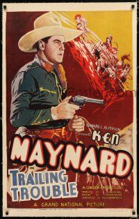 1t326 TRAILING TROUBLE linen 1sh '37 cool artwork of cowboy Ken Maynard with gun on horse!