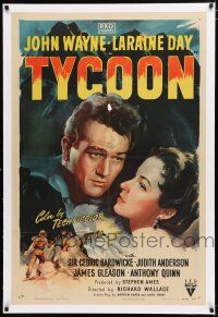 1t329 TYCOON linen 1sh '47 great close up romantic artwork of John Wayne & Laraine Day!
